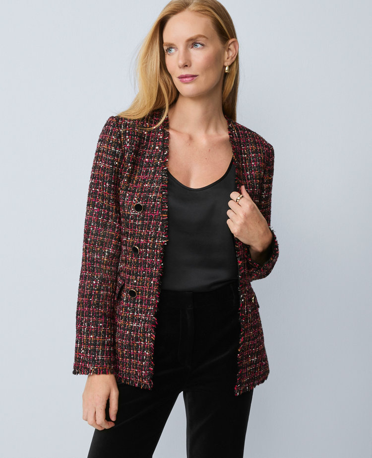 The Petite Long V-Neck Jacket in Tweed