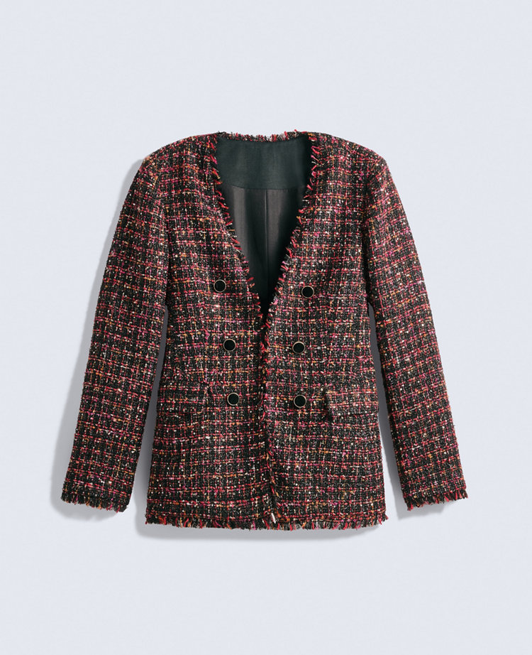 The Petite Long V-Neck Jacket in Tweed