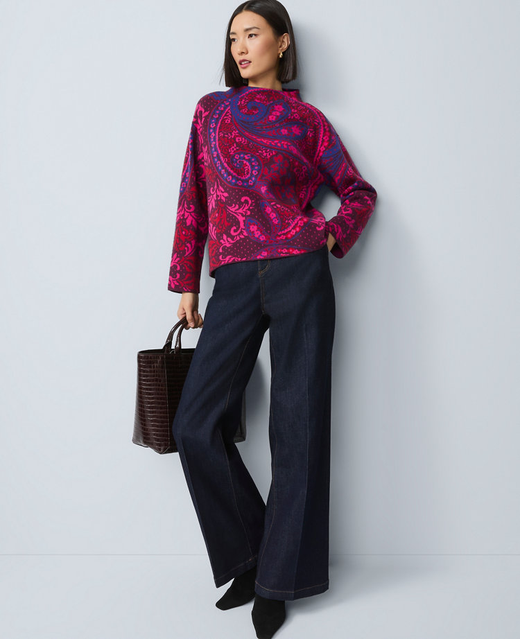 Ann Taylor Petite Paisley Jacquard Mock Neck Sweater Jewel Red Women's
