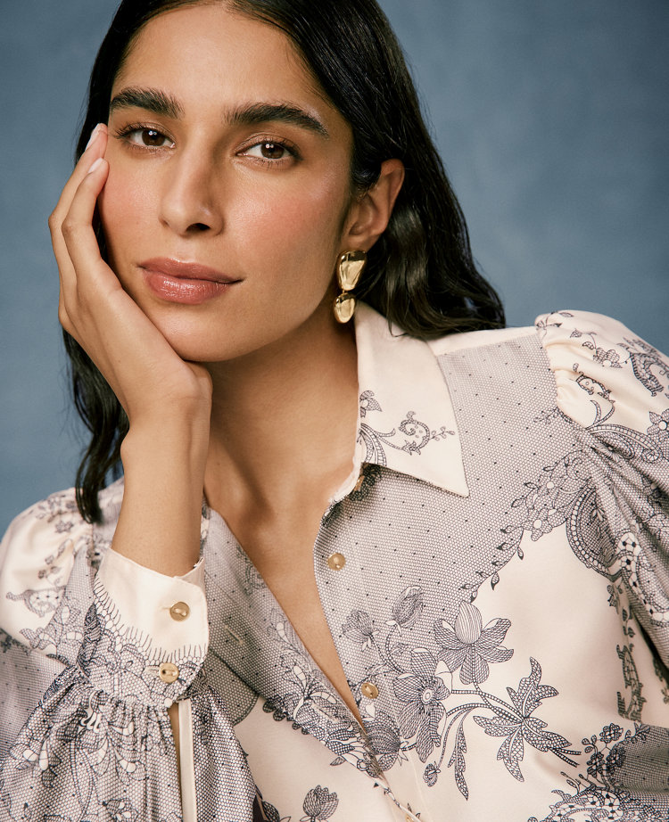 Ann Taylor Petite Floral Satin Blouse Ivory Whisper Women's