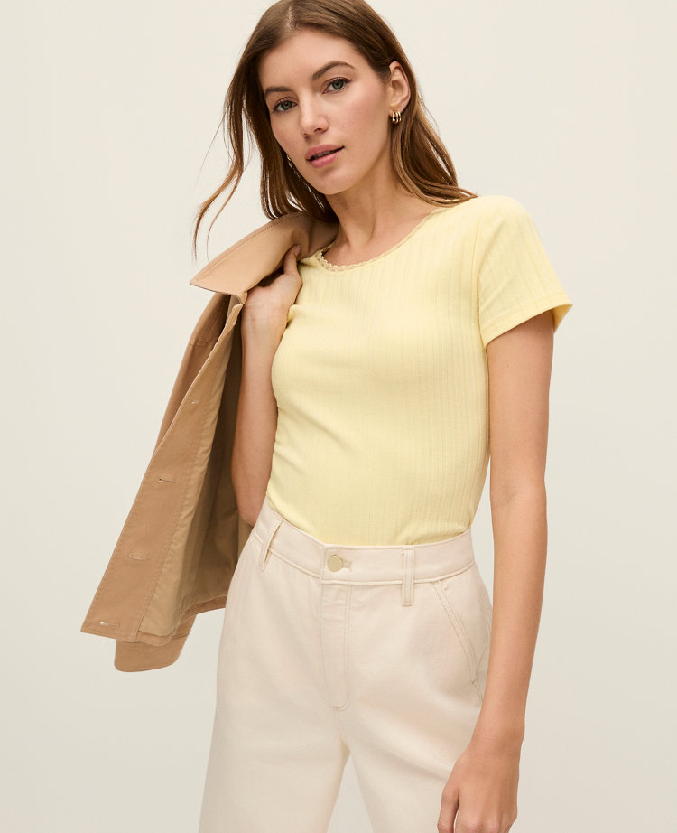 Ann Taylor Weekend Collection Lace Trim Pointelle Tee