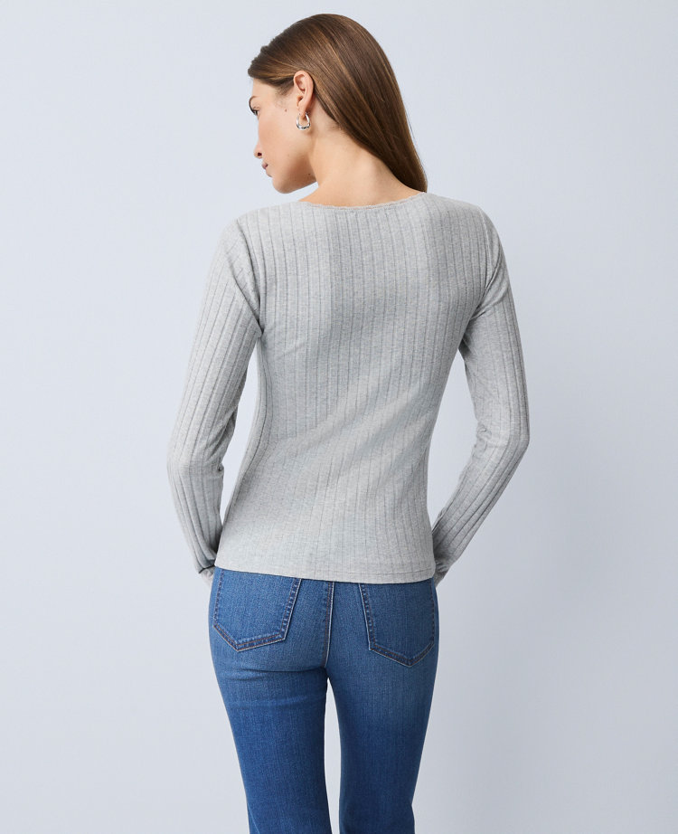 Ann Taylor Petite Weekend Collection Lace Trim Pointelle Top Medium Light Heather Grey Women's