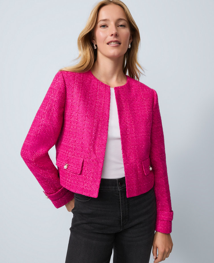 Ann Taylor Petite Tweed Cropped Jacket In Pink