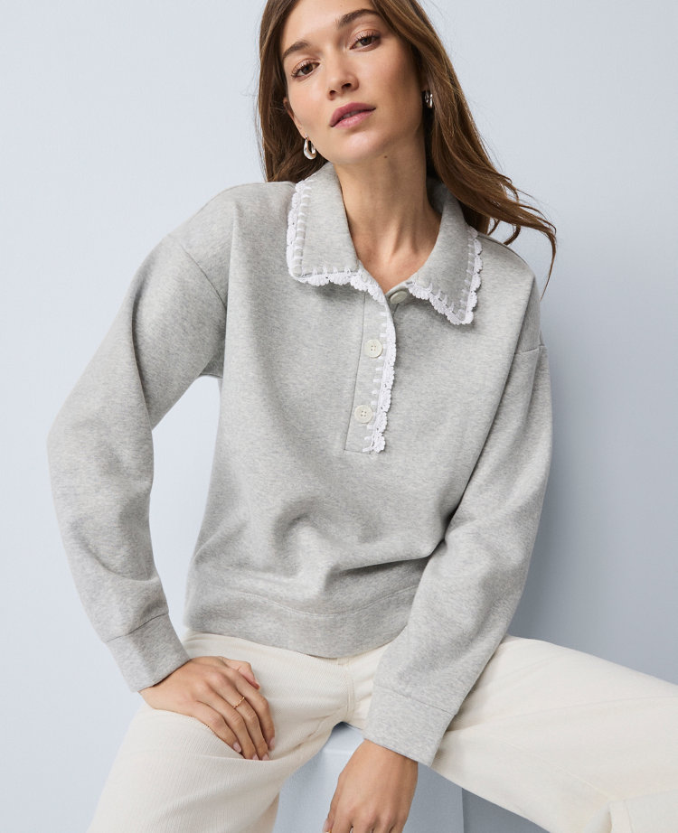 Ann Taylor Petite Weekend Collection Crochet Trim Collared Sweatshirt In Gray