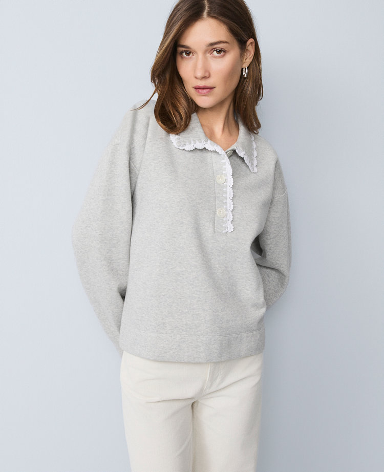 Petite Weekend Collection Crochet Trim Collared Sweatshirt