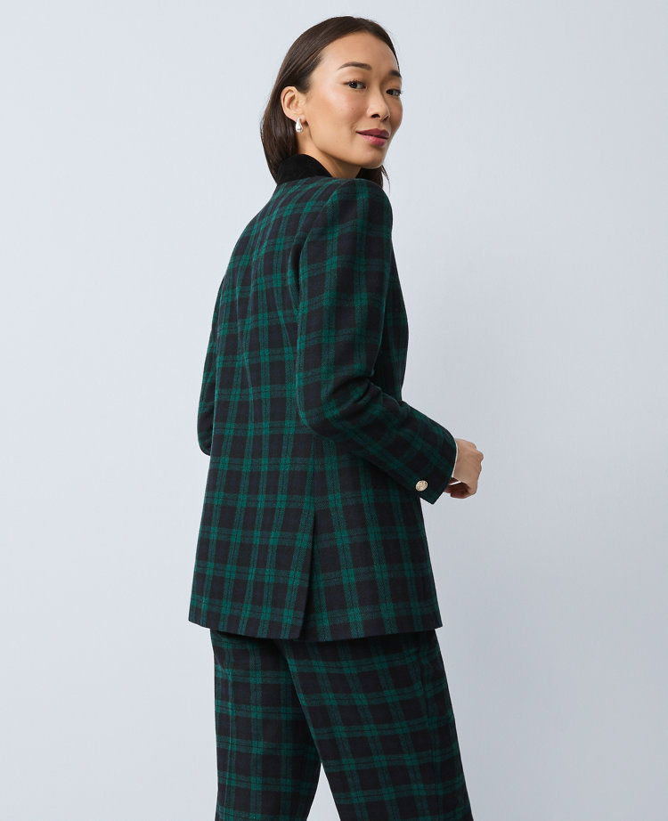 The Petite Long Collarless Blazer in Plaid