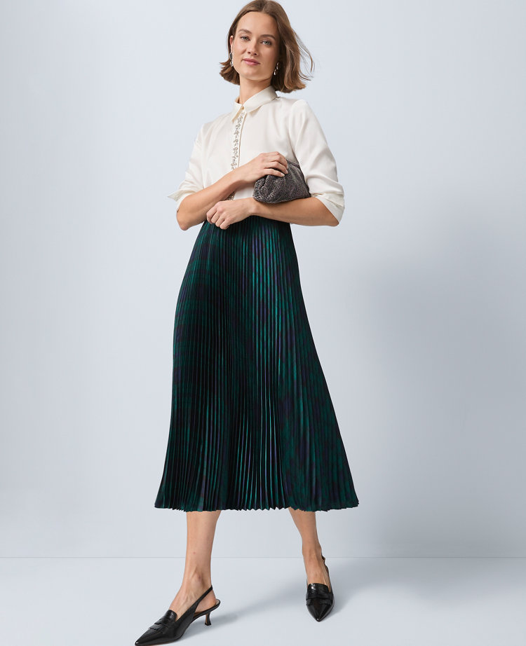 Ann Taylor Petite Plaid Pleated Midi Skirt In Multi