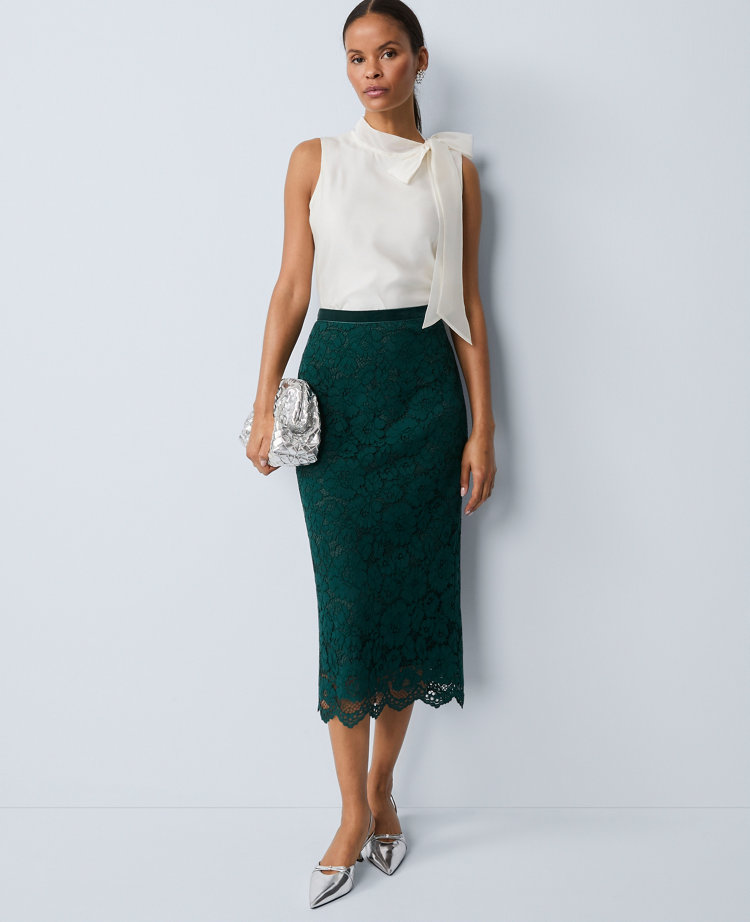 Ann Taylor Petite Lace Column Midi Skirt In Green