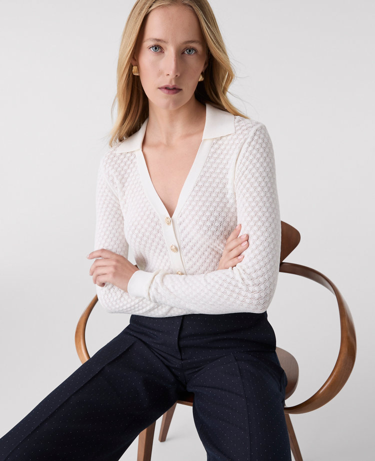 Ann Taylor Pointelle Polo Sweater In White