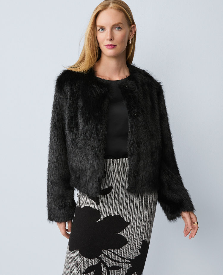 Petite Faux Fur Crew Neck Jacket