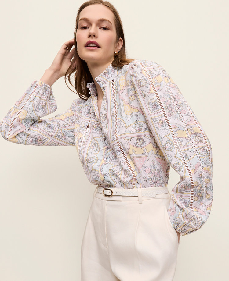 Tile Print Embroidered Lace Blouse