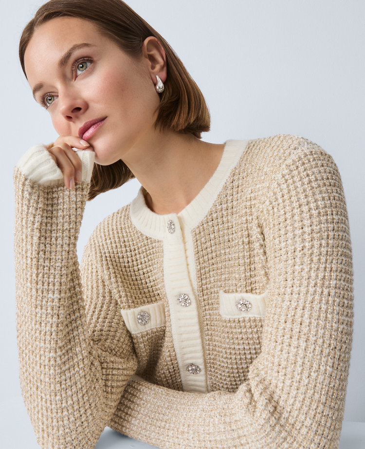 Ann Taylor Metallic Waffle Knit Sweater Jacket In White