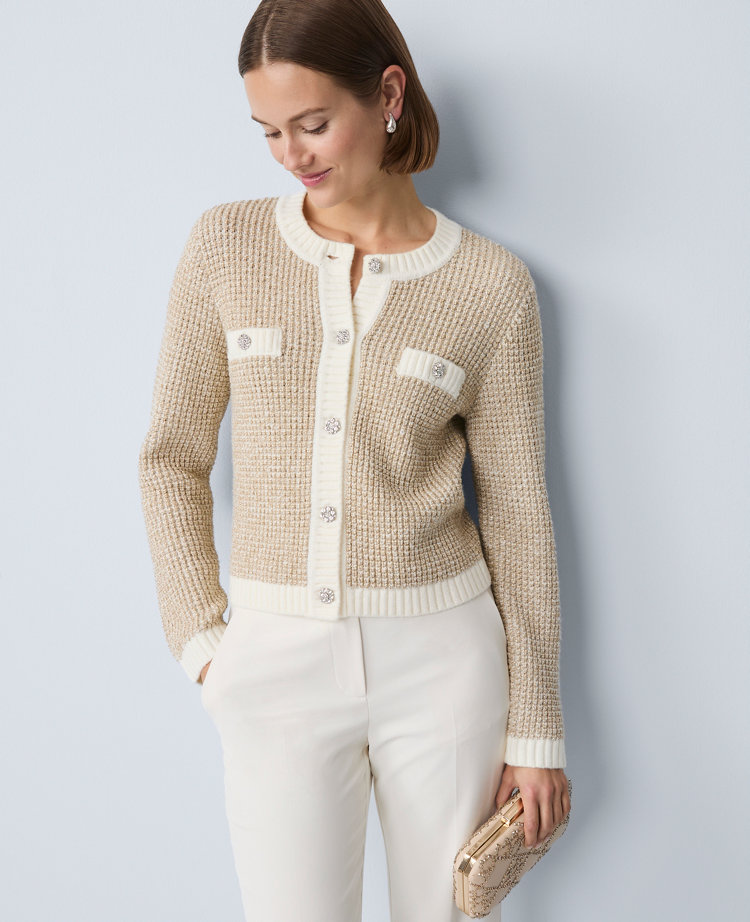 Ann Taylor Metallic Waffle Knit Sweater Jacket In White
