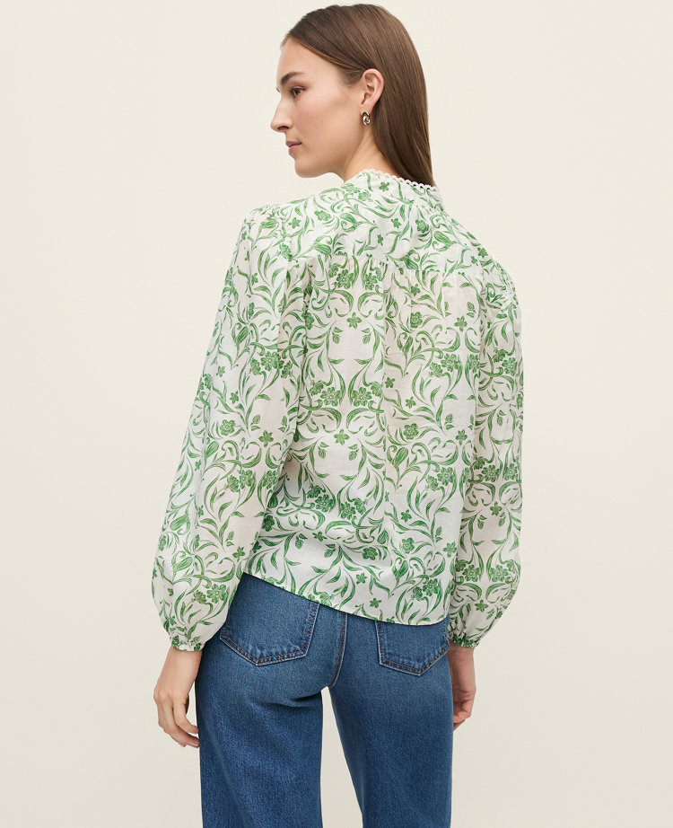 Ann Taylor Floral Embroidered Collar Blouse Palm Green Women's