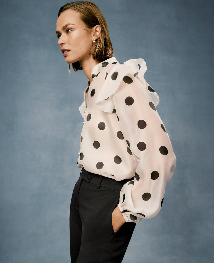 Ann Taylor Petite Dotted Ruffle Sleeve Blouse Ivory Whisper Women's