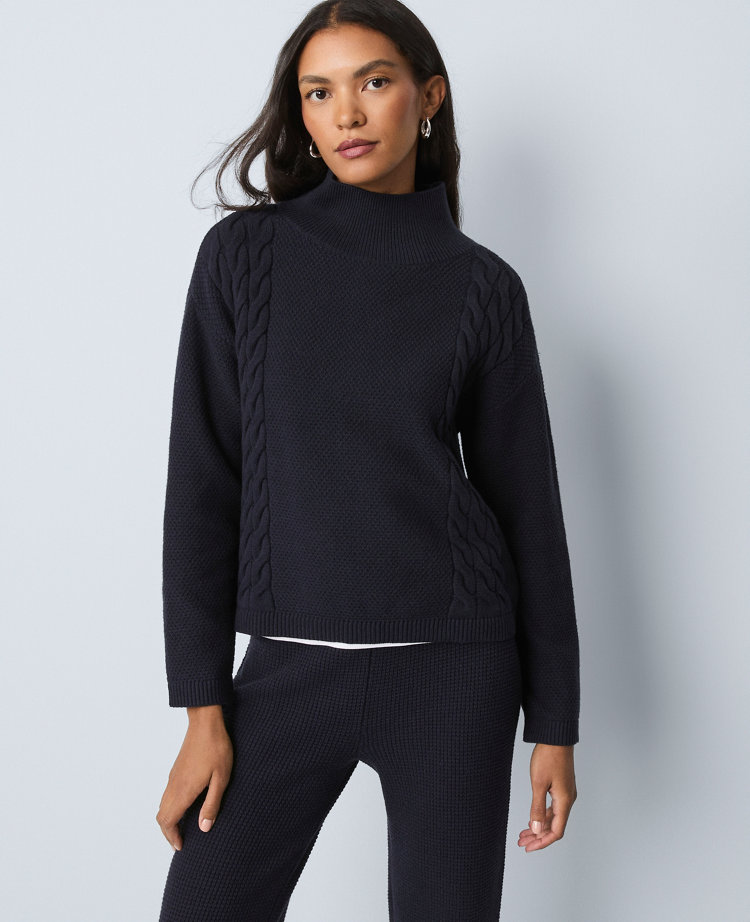 Ann Taylor Weekend Collection Mixed Cable Sweater In Blue