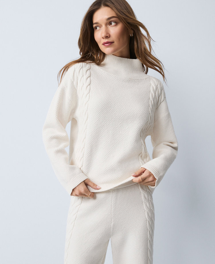 Ann Taylor Weekend Collection Mixed Cable Sweater In White