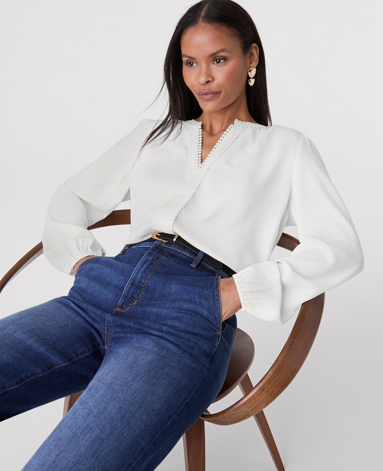 Bobble Trim V-Neck Blouse