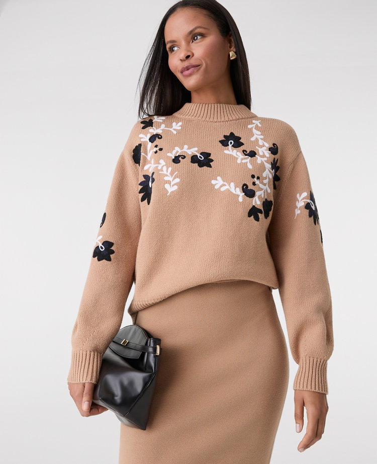 Embroidered Floral Mock Neck Sweater