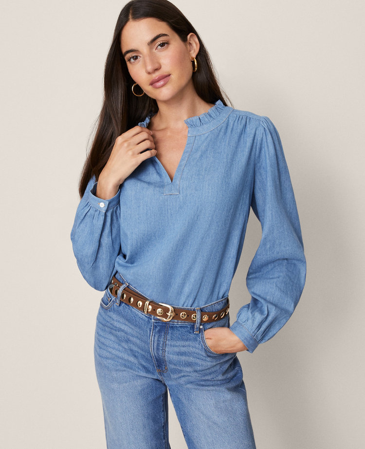 Weekend Collection Chambray Ruffle Collar Popover