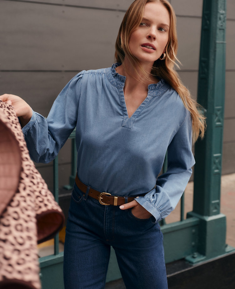 Weekend Collection Chambray Ruffle Collar Popover