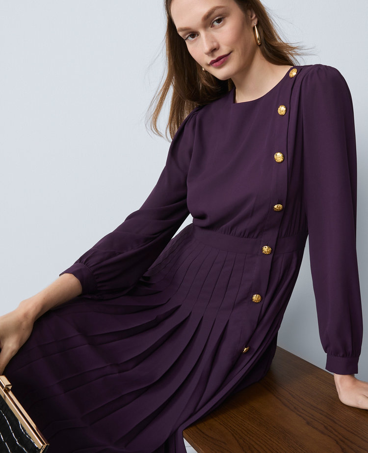 Pleated Button Flare Midi Dress