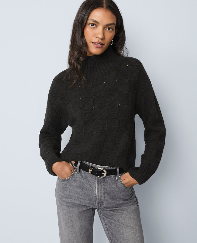 Ann Taylor Weekend Collection Textured Turtleneck Sweater In Black