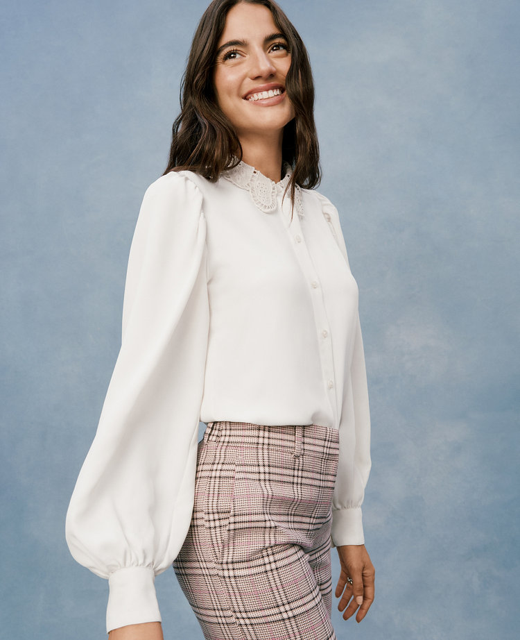 Petite Lace Collar Blouson Sleeve Shirt