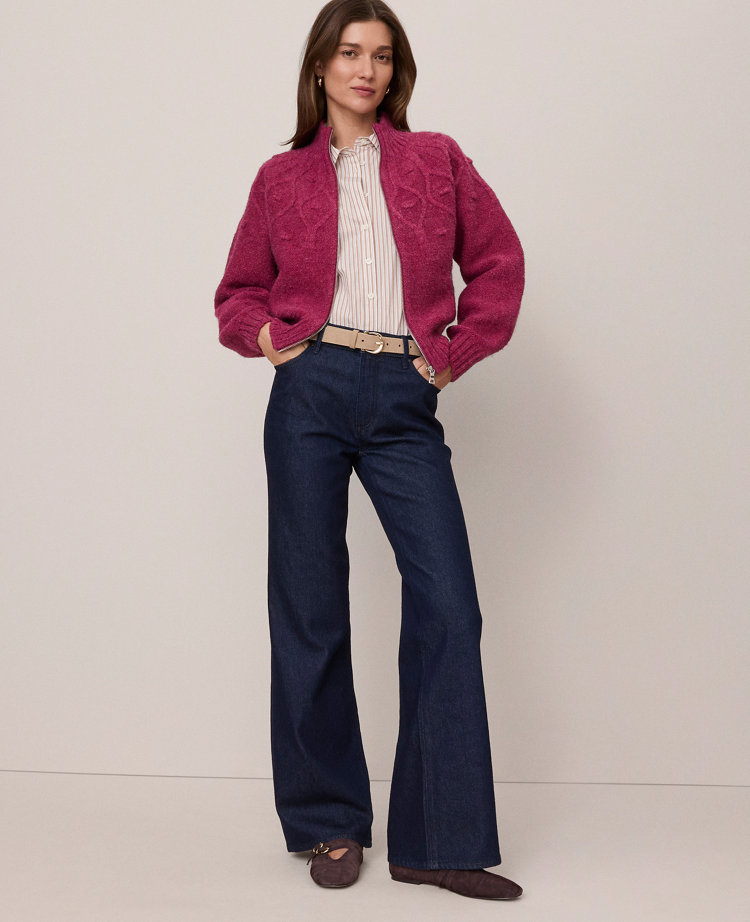 Petite Weekend Collection Cable Knit Bomber Sweater Jacket