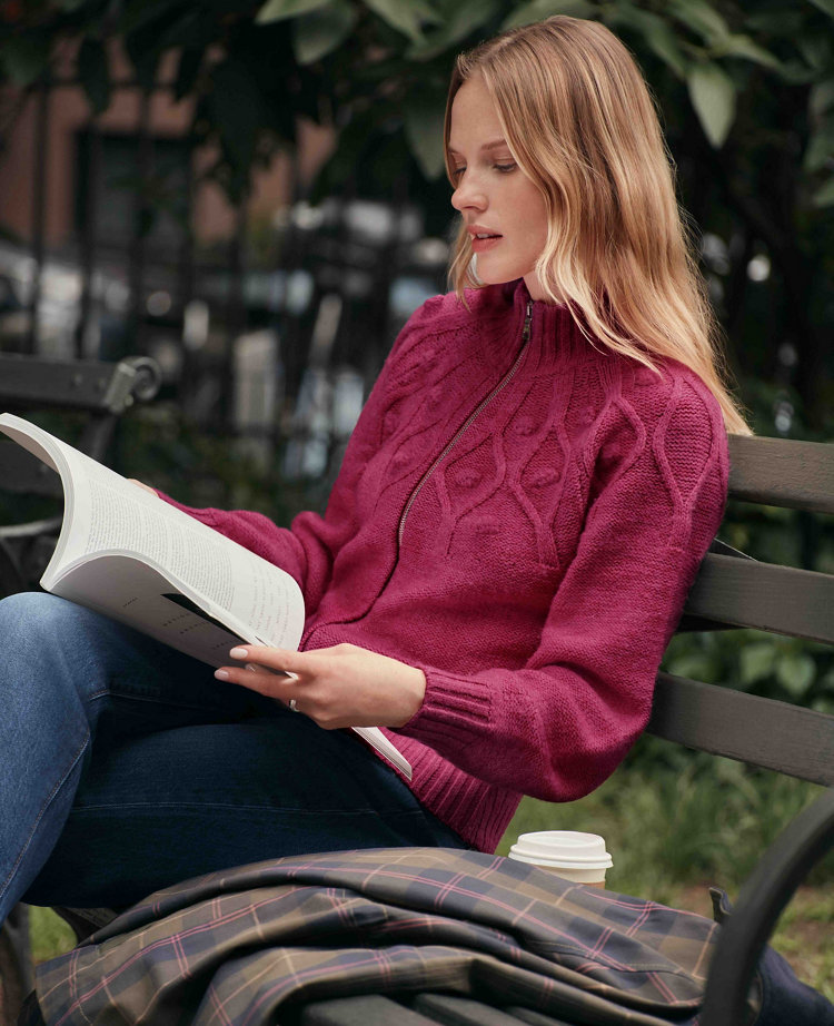Petite Weekend Collection Cable Knit Bomber Sweater Jacket