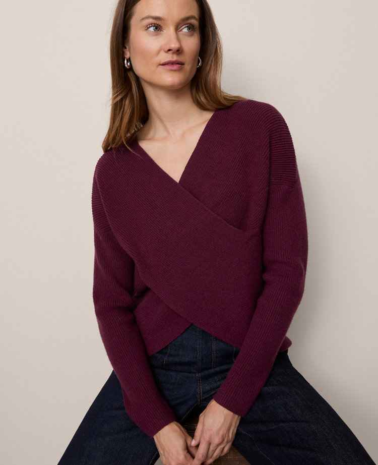 Ann Taylor Petite Ribbed Wrap Sweater In Purple