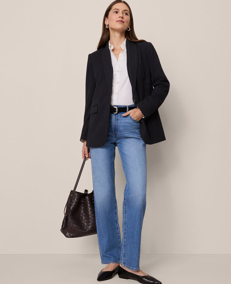 The Longline Blazer in Pinstripe