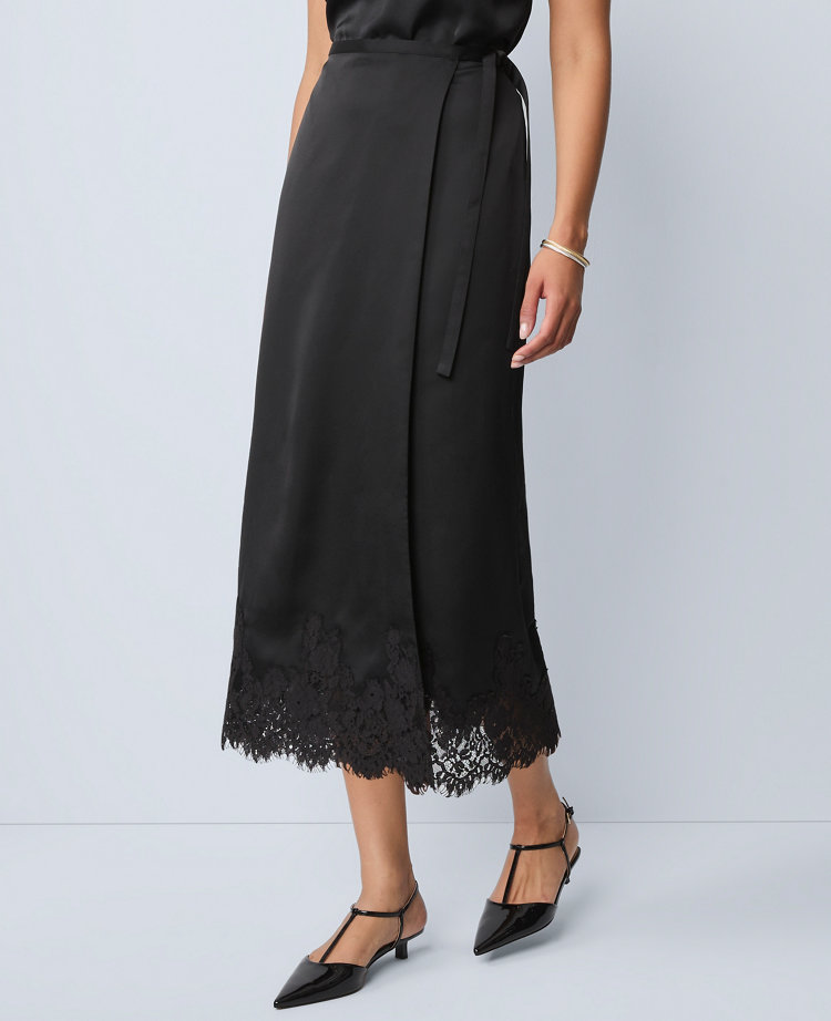 Petite Satin Lace Hem Wrap Skirt
