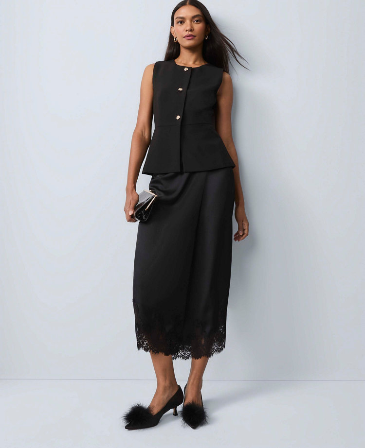 Petite Satin Lace Hem Wrap Skirt