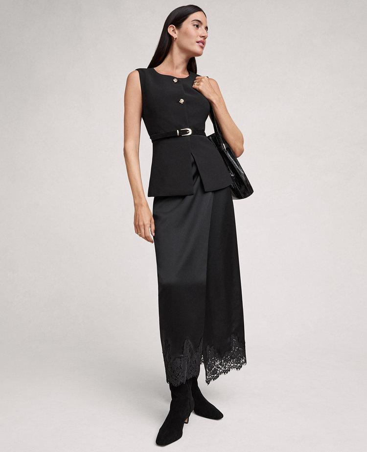 Petite Satin Lace Hem Wrap Skirt