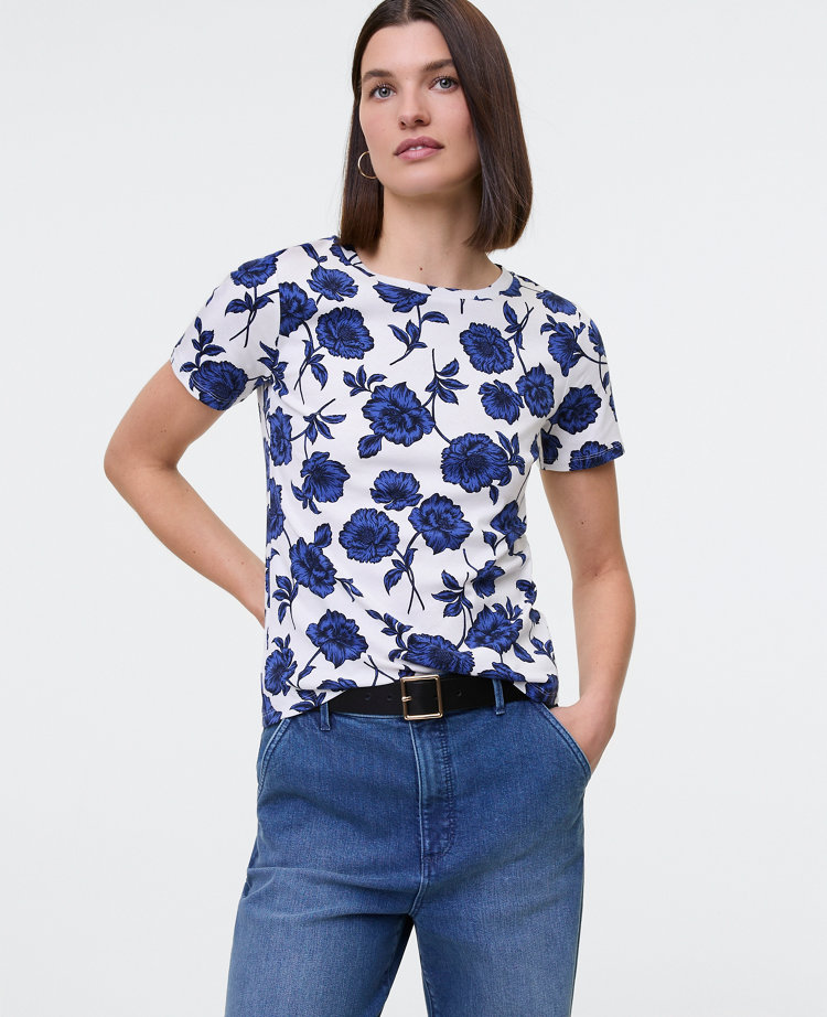 Ann Taylor Petite Floral Crew Neck T-Shirt Electric Periwinkle Women's