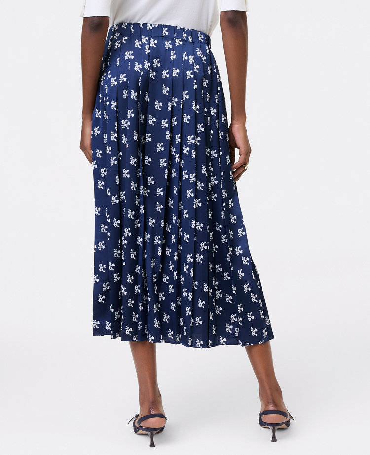 Ann Taylor Floral Satin Pleated Midi Skirt Indigo Dusk Women's