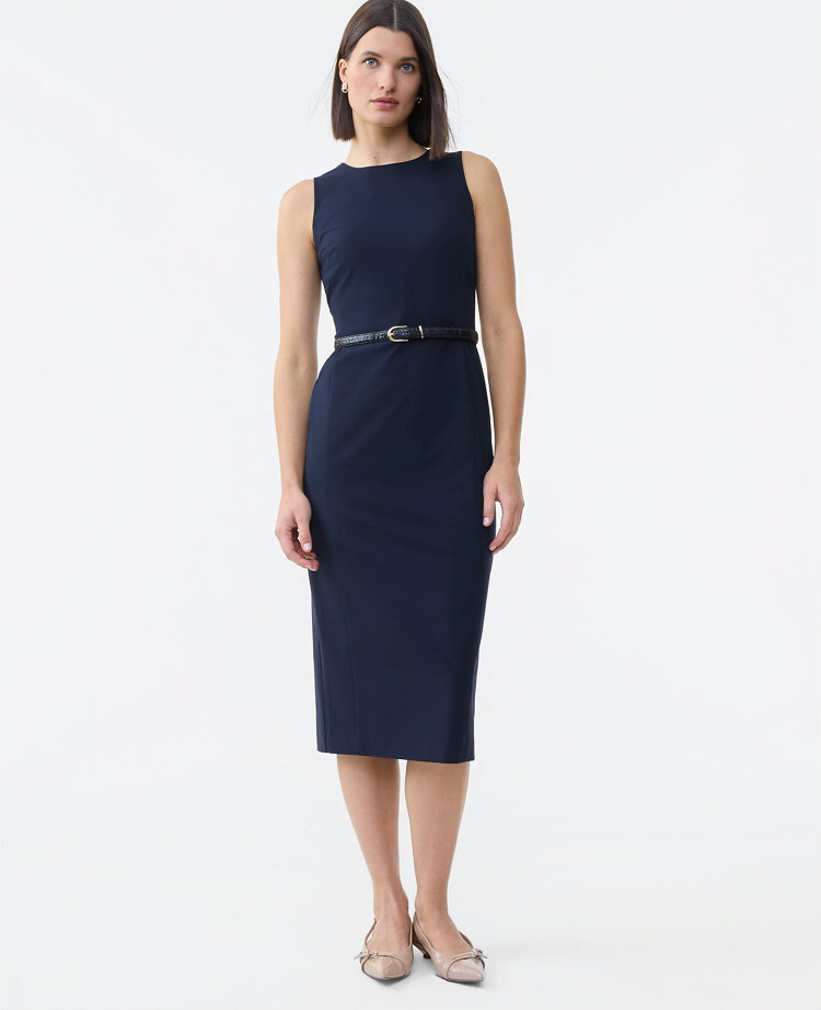 The Petite Belted Crew Neck Sheath Dress in Seasonless Stretch