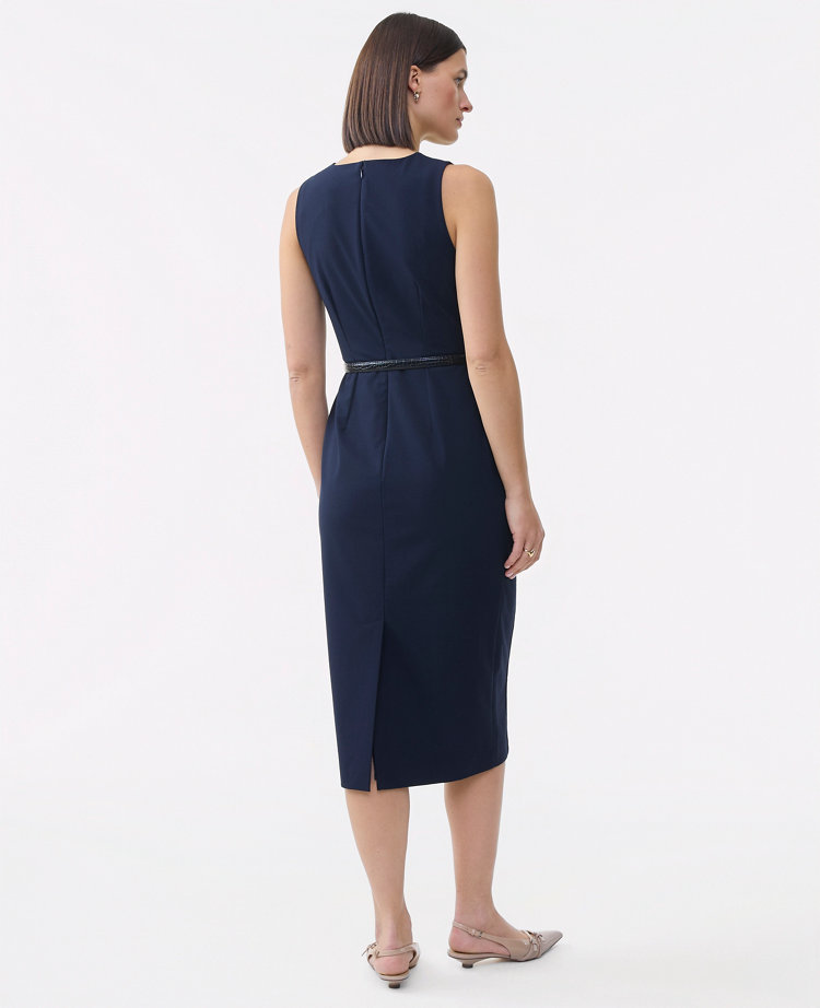 The Petite Belted Crew Neck Sheath Dress in Seasonless Stretch