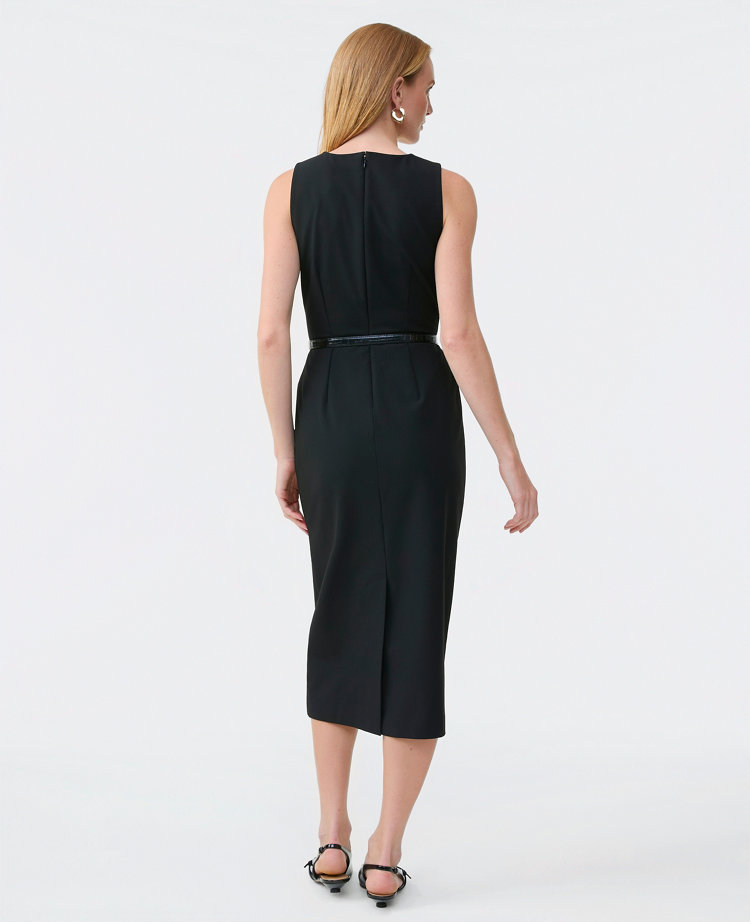 The Petite Belted Crew Neck Sheath Dress in Seasonless Stretch
