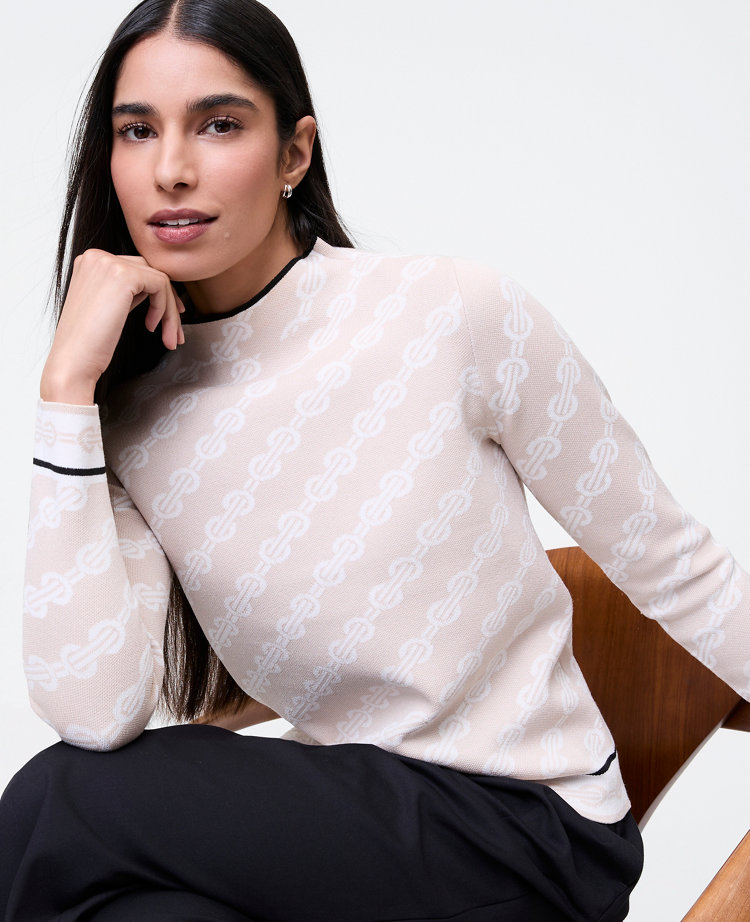 Ann Taylor Petite Geo Mock Neck Sweater Sail Cloth Women's