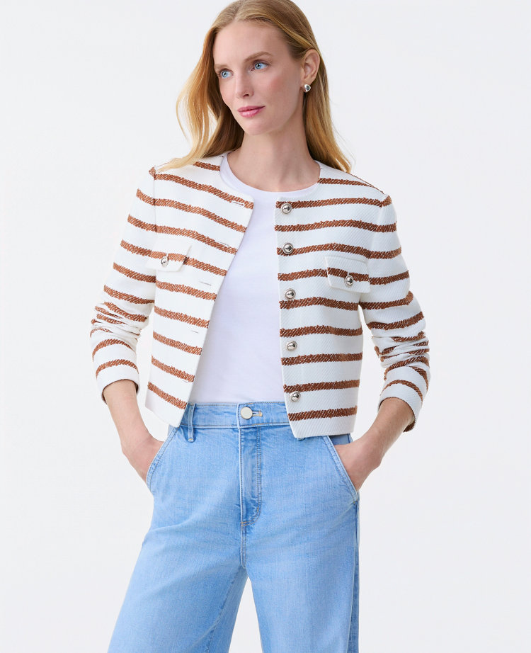 The Petite Crew Neck Jacket in Striped Tweed