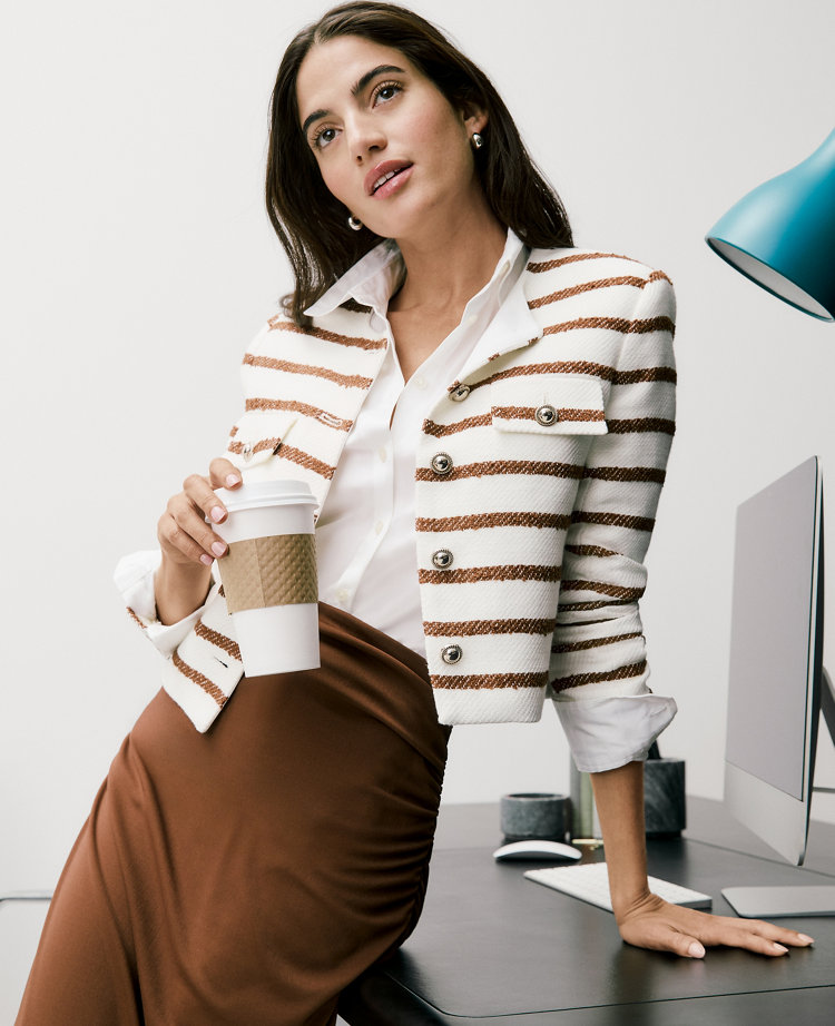 The Petite Crew Neck Jacket in Striped Tweed