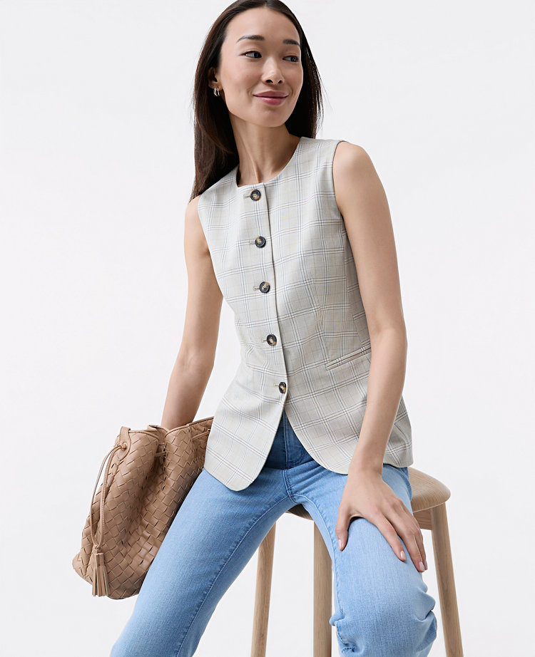 The Long Plaid  Vest in Fluid Crepe