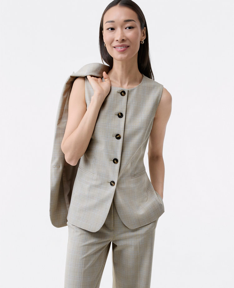 The Long Crew Neck Vest in Plaid