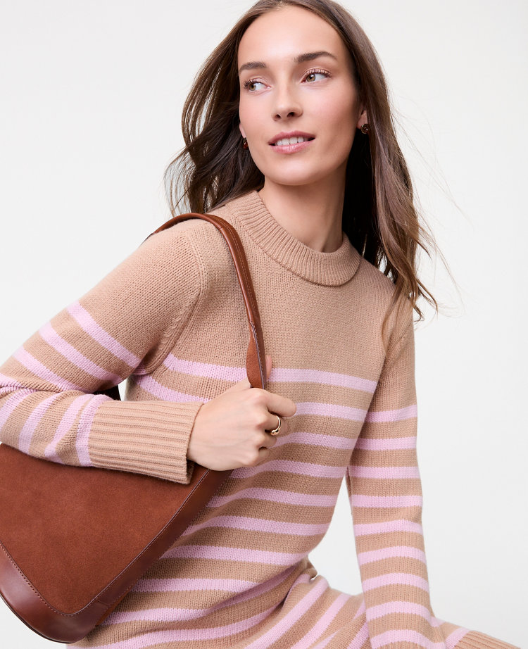 Ann Taylor Petite Weekend Collection Striped Sweater Shift Dress Camel Multi Women's