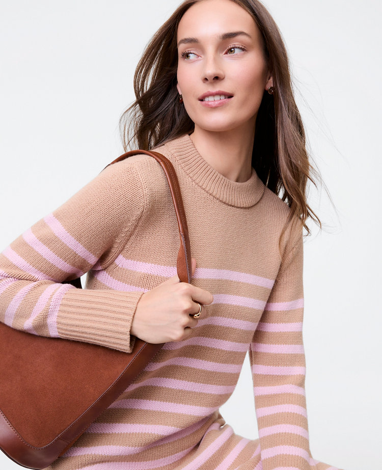 Ann Taylor Weekend Collection Striped Sweater Shift Dress Size Small Camel Multi Women's