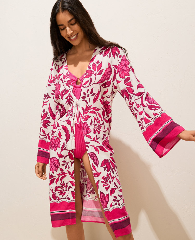 Ann Taylor Floral Beach Kimono Winter White Women's