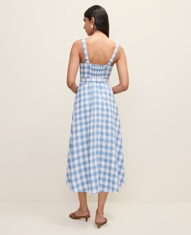 Gingham Belted Linen Blend Midi Dress