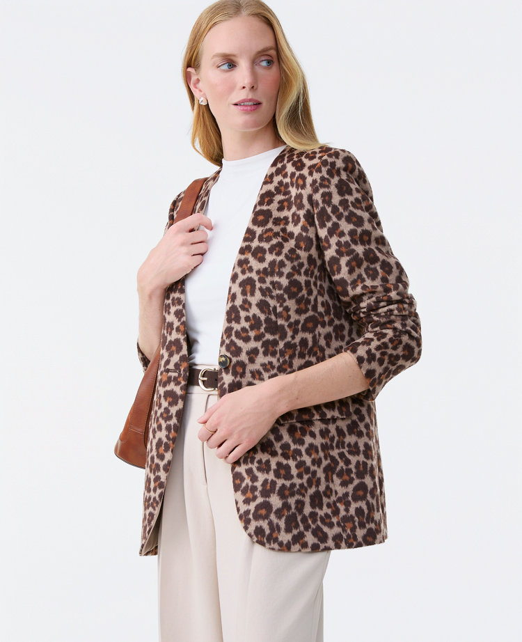 Ann Taylor The Petite Longline Collarless Blazer Animal Print Almond Croissant Women's
